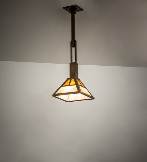 Meyda Lighting "T" Mission 14" Antique Copper Pendant Light With Beige Ripple & Amber Mica Shade Glass