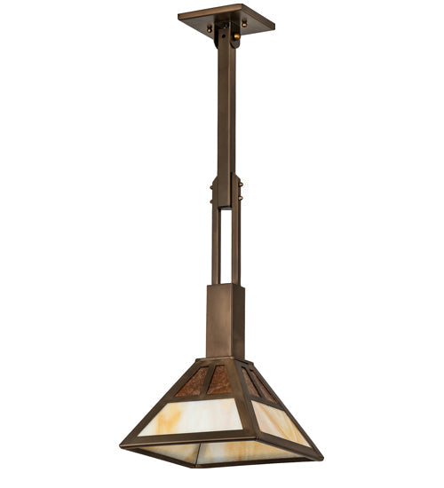 Meyda Lighting "T" Mission 14" Antique Copper Pendant Light With Beige Ripple & Amber Mica Shade Glass