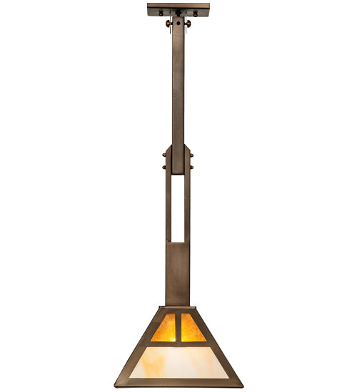 Meyda Lighting "T" Mission 14" Antique Copper Pendant Light With Beige Ripple & Amber Mica Shade Glass