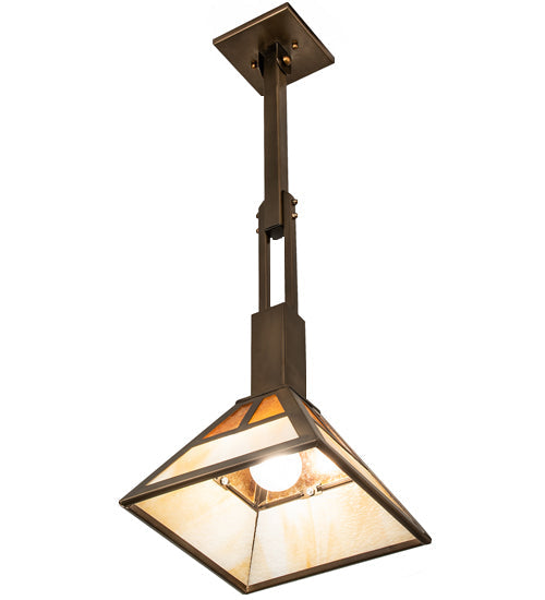 Meyda Lighting "T" Mission 14" Antique Copper Pendant Light With Beige Ripple & Amber Mica Shade Glass