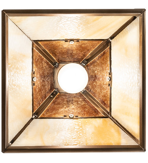 Meyda Lighting "T" Mission 14" Antique Copper Pendant Light With Beige Ripple & Amber Mica Shade Glass