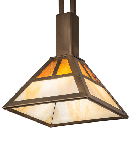 Meyda Lighting "T" Mission 14" Antique Copper Pendant Light With Beige Ripple & Amber Mica Shade Glass