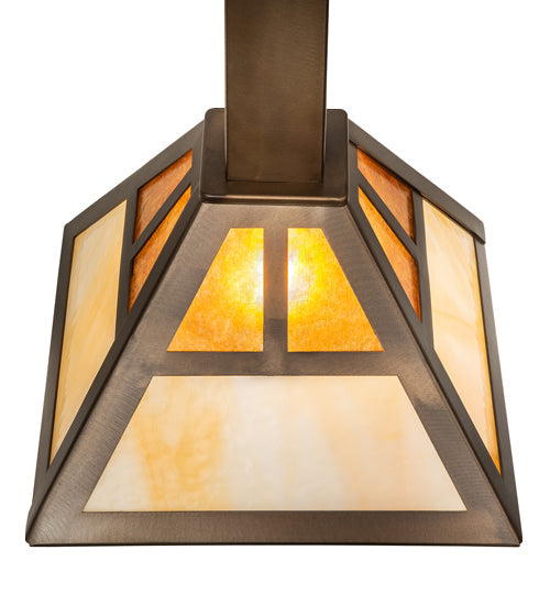 Meyda Lighting "T" Mission 14" Antique Copper Pendant Light With Beige Ripple & Amber Mica Shade Glass