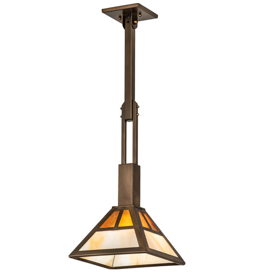 Meyda Lighting "T" Mission 14" Antique Copper Pendant Light With Beige Ripple & Amber Mica Shade Glass