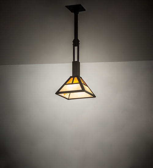 Meyda Lighting "T" Mission 14" Oil Rubbed Bronze Pendant Light With Beige & Amber Mica Shade Glass