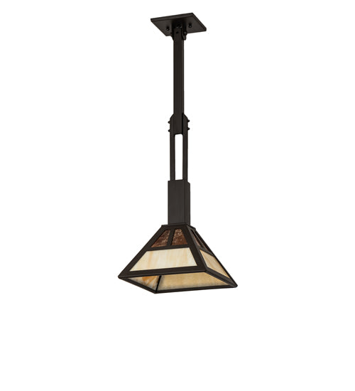 Meyda Lighting "T" Mission 14" Oil Rubbed Bronze Pendant Light With Beige & Amber Mica Shade Glass
