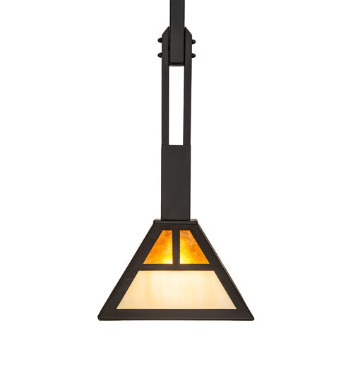 Meyda Lighting "T" Mission 14" Oil Rubbed Bronze Pendant Light With Beige & Amber Mica Shade Glass