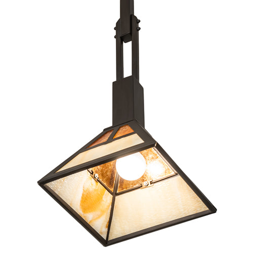 Meyda Lighting "T" Mission 14" Oil Rubbed Bronze Pendant Light With Beige & Amber Mica Shade Glass