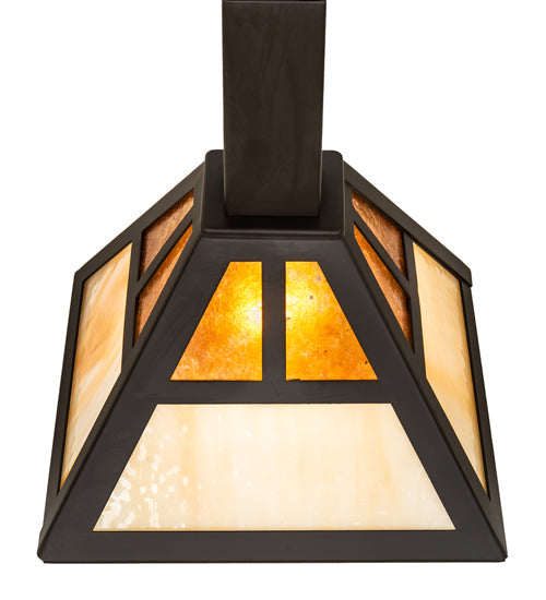Meyda Lighting "T" Mission 14" Oil Rubbed Bronze Pendant Light With Beige & Amber Mica Shade Glass