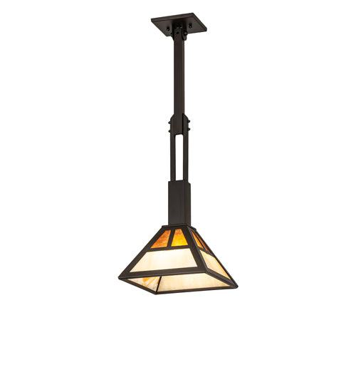 Meyda Lighting "T" Mission 14" Oil Rubbed Bronze Pendant Light With Beige & Amber Mica Shade Glass