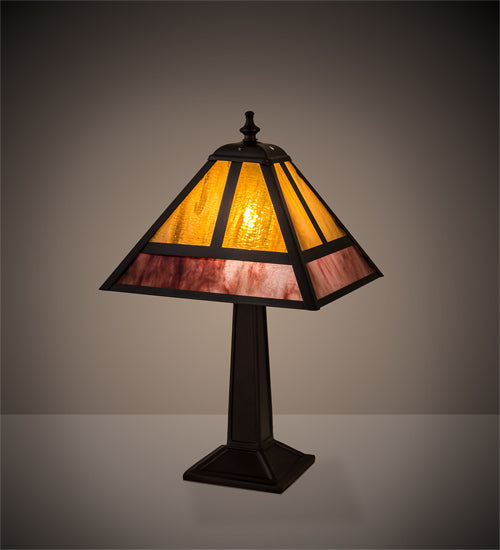 Meyda Lighting "T" Mission 16" Craftsman Brown Accent Table Lamp With Red & Amber Shade Glass