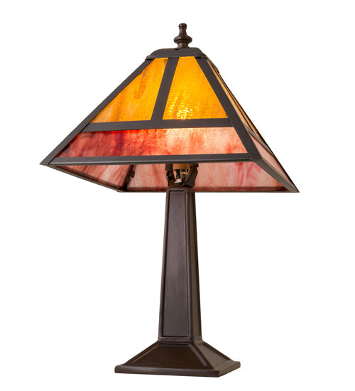 Meyda Lighting "T" Mission 16" Craftsman Brown Accent Table Lamp With Red & Amber Shade Glass