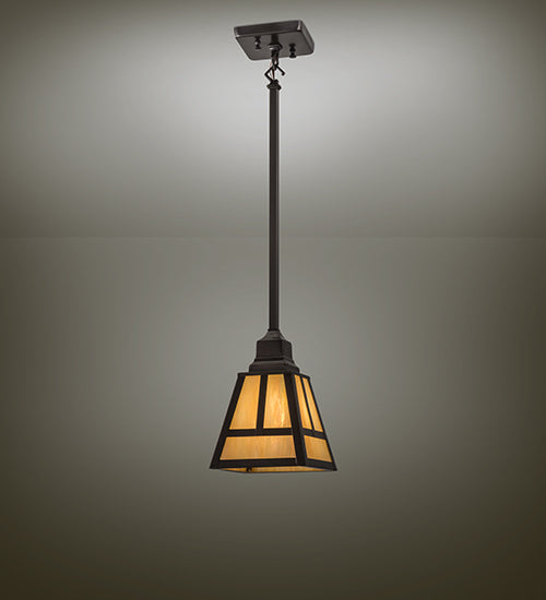 Meyda Lighting T Mission 165699 9" Craftsman Brown Mini Pendant Light With Beige Iridescent Shade Glass