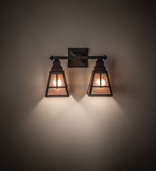 Meyda Lighting "T" Mission 17" 2-Light Costello Black Hand Rubbed Iron Vanity Light With Silver Mica Shade Glass