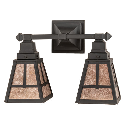 Meyda Lighting "T" Mission 17" 2-Light Costello Black Hand Rubbed Iron Vanity Light With Silver Mica Shade Glass