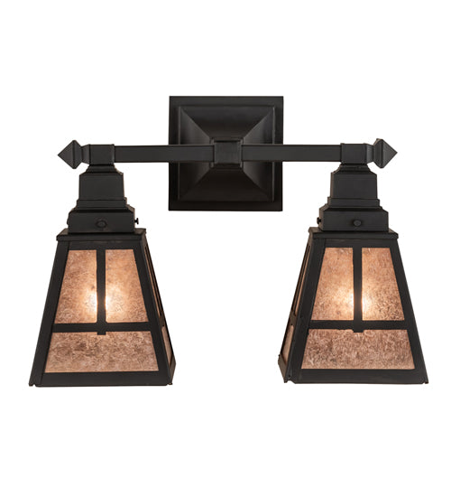 Meyda Lighting "T" Mission 17" 2-Light Costello Black Hand Rubbed Iron Vanity Light With Silver Mica Shade Glass