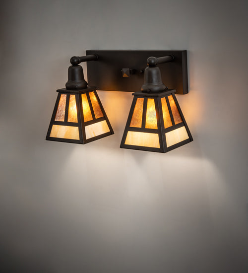 Meyda Lighting "T" Mission 17" 2-Light Oil Rubbed Bronze Vanity Light With Beige & Amber Mica Shade Glass