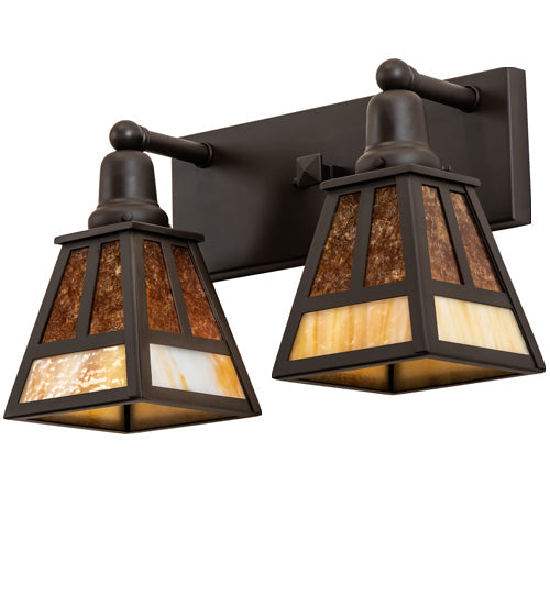 Meyda Lighting "T" Mission 17" 2-Light Oil Rubbed Bronze Vanity Light With Beige & Amber Mica Shade Glass