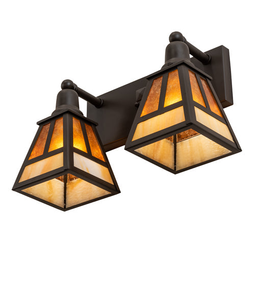 Meyda Lighting "T" Mission 17" 2-Light Oil Rubbed Bronze Vanity Light With Beige & Amber Mica Shade Glass