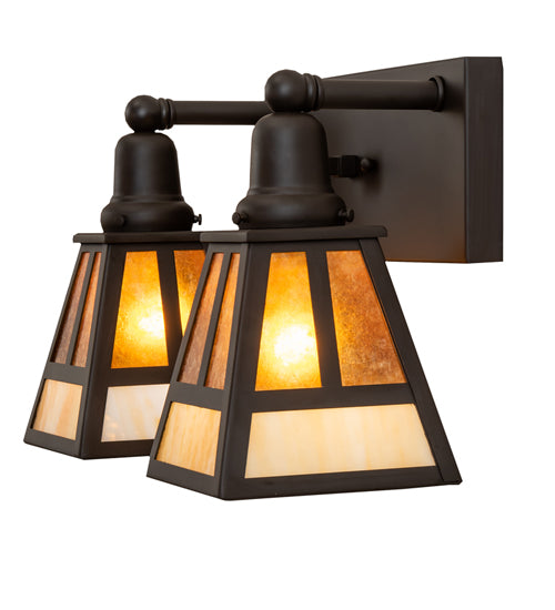 Meyda Lighting "T" Mission 17" 2-Light Oil Rubbed Bronze Vanity Light With Beige & Amber Mica Shade Glass