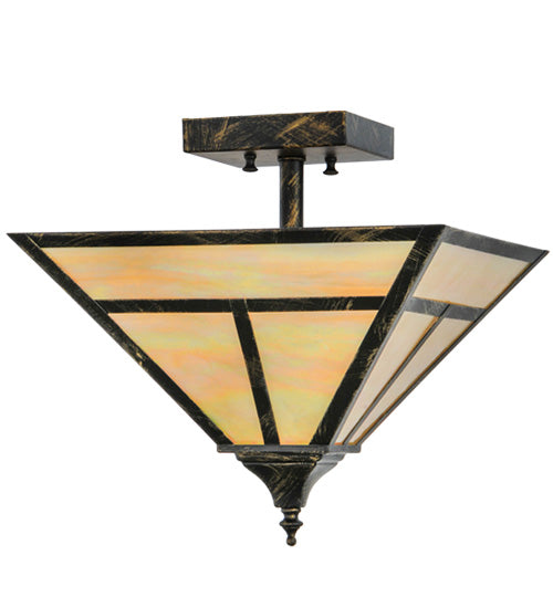 Meyda Lighting T Mission 19" 2-Light Antique Black Flush Mount Light With Beige Iridescent Shade Glass