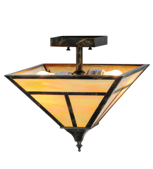 Meyda Lighting T Mission 19" 2-Light Antique Black Flush Mount Light With Beige Iridescent Shade Glass