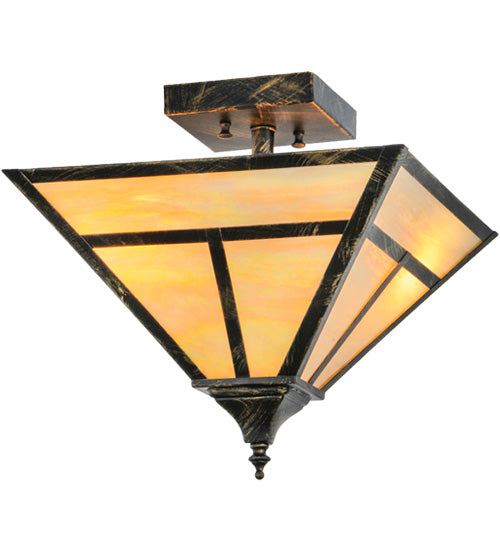Meyda Lighting T Mission 19" 2-Light Antique Black Flush Mount Light With Beige Iridescent Shade Glass