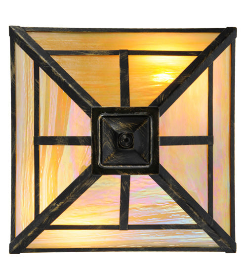 Meyda Lighting T Mission 19" 2-Light Antique Black Flush Mount Light With Beige Iridescent Shade Glass