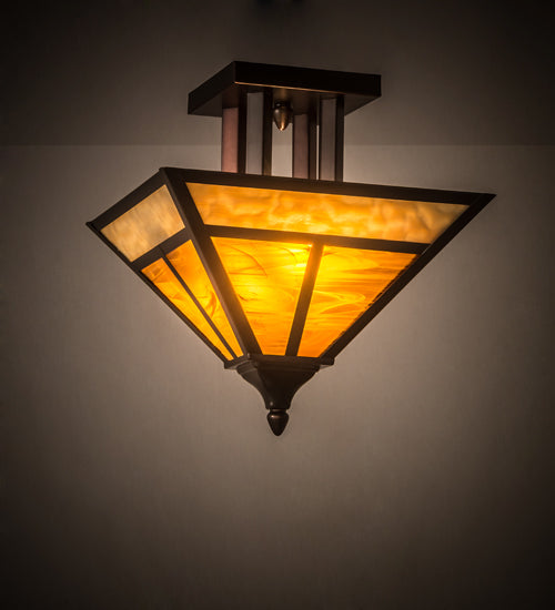 Meyda Lighting "T Mission" 19" 2-Light Craftsman Brown Finish Flush Mount Light With Frosted Honey Art Shade Glass