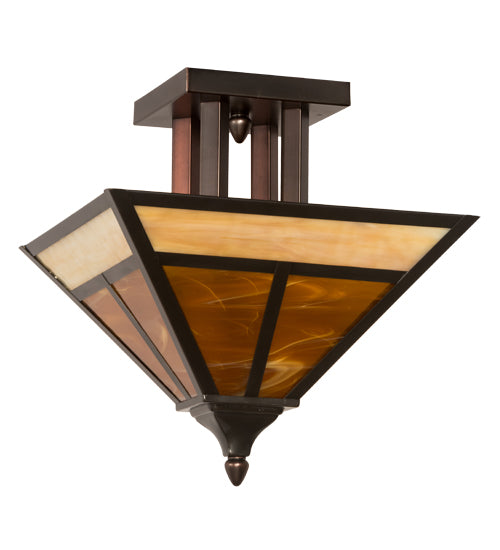 Meyda Lighting "T Mission" 19" 2-Light Craftsman Brown Finish Flush Mount Light With Frosted Honey Art Shade Glass