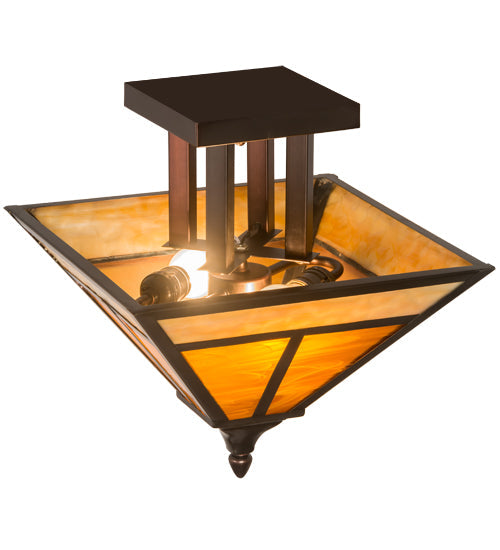 Meyda Lighting "T Mission" 19" 2-Light Craftsman Brown Finish Flush Mount Light With Frosted Honey Art Shade Glass