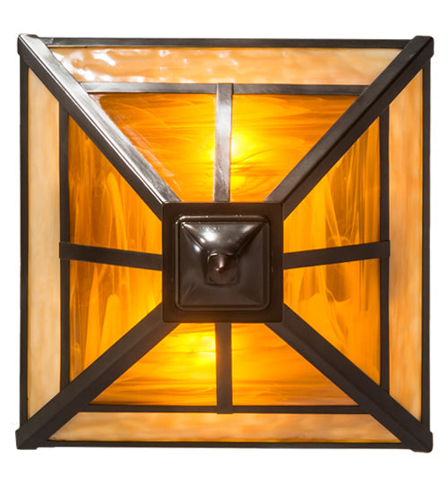 Meyda Lighting "T Mission" 19" 2-Light Craftsman Brown Finish Flush Mount Light With Frosted Honey Art Shade Glass