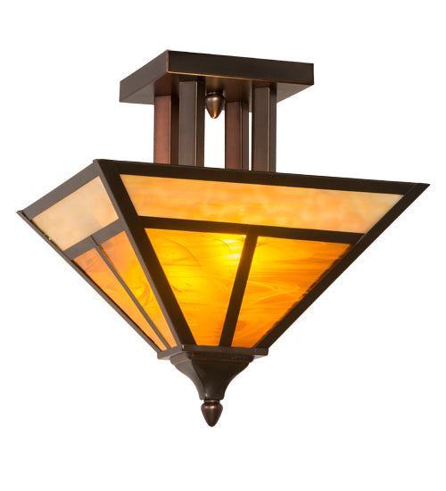 Meyda Lighting "T Mission" 19" 2-Light Craftsman Brown Finish Flush Mount Light With Frosted Honey Art Shade Glass