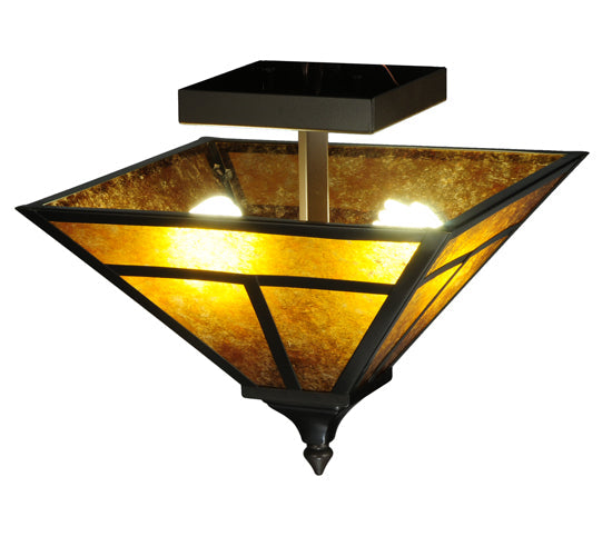 Meyda Lighting T Mission 19" 2-Light Craftsman Brown Flush Mount Light With Amber Mica Shade Glass