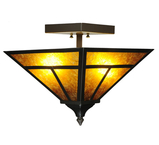 Meyda Lighting T Mission 19" 2-Light Craftsman Brown Flush Mount Light With Amber Mica Shade Glass