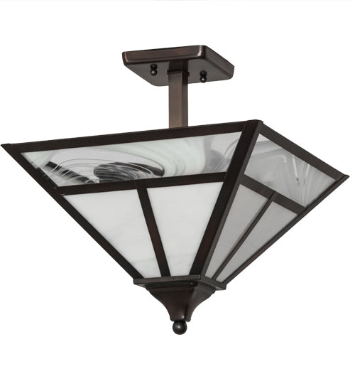 Meyda Lighting "T Mission" 19" 2-Light Weathered Antique Brass Semi-flush Mount Light With White Art Shade Glass