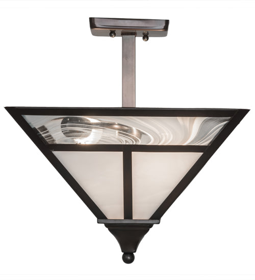 Meyda Lighting "T Mission" 19" 2-Light Weathered Antique Brass Semi-flush Mount Light With White Art Shade Glass