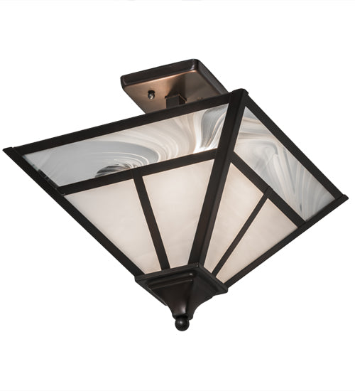 Meyda Lighting "T Mission" 19" 2-Light Weathered Antique Brass Semi-flush Mount Light With White Art Shade Glass