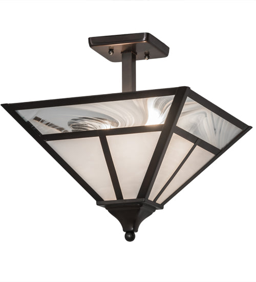 Meyda Lighting "T Mission" 19" 2-Light Weathered Antique Brass Semi-flush Mount Light With White Art Shade Glass