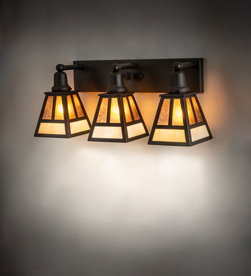 Meyda Lighting "T" Mission 24" 3-Light Oil Rubbed Bronze Vanity Light With Beige & Amber Mica Shade Glass