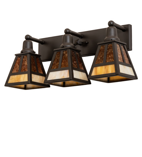 Meyda Lighting "T" Mission 24" 3-Light Oil Rubbed Bronze Vanity Light With Beige & Amber Mica Shade Glass