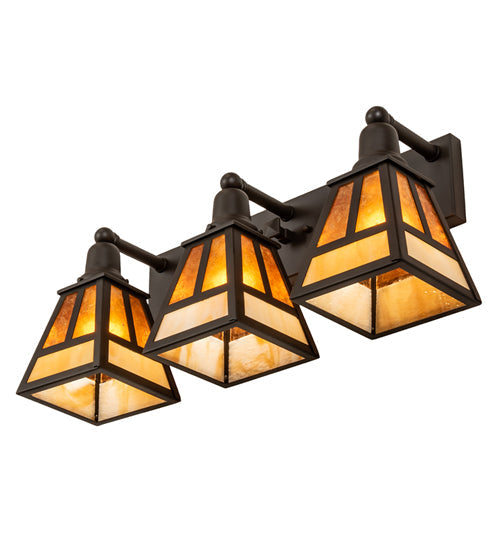 Meyda Lighting "T" Mission 24" 3-Light Oil Rubbed Bronze Vanity Light With Beige & Amber Mica Shade Glass