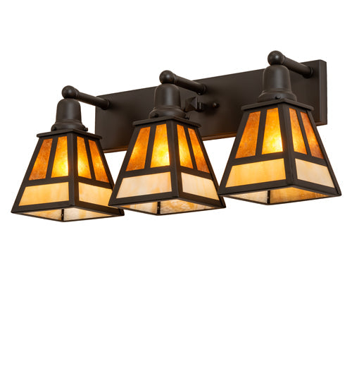 Meyda Lighting "T" Mission 24" 3-Light Oil Rubbed Bronze Vanity Light With Beige & Amber Mica Shade Glass