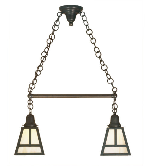 Meyda Lighting "T" Mission 26" 2-Light Craftsman Brown Island Pendant Light With Beige Iridescent Art Shade Glass