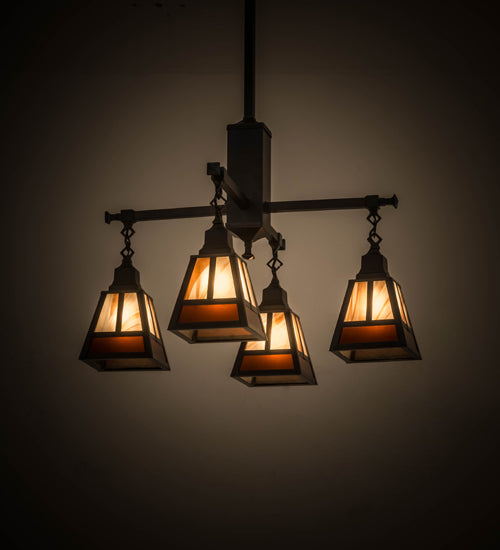 Meyda Lighting "T Mission" 26" 4-Light Chemical Antique Brass Chandelier With Amber & Beige Shade Glass