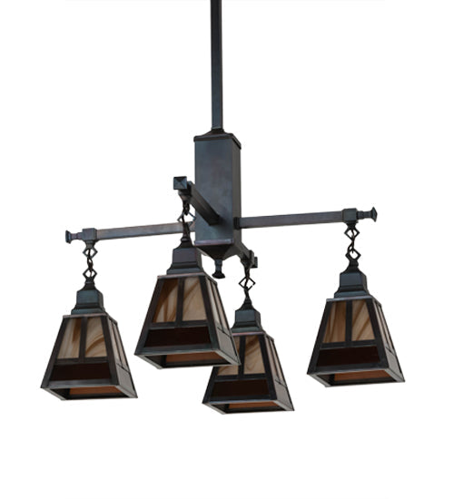 Meyda Lighting "T Mission" 26" 4-Light Chemical Antique Brass Chandelier With Amber & Beige Shade Glass