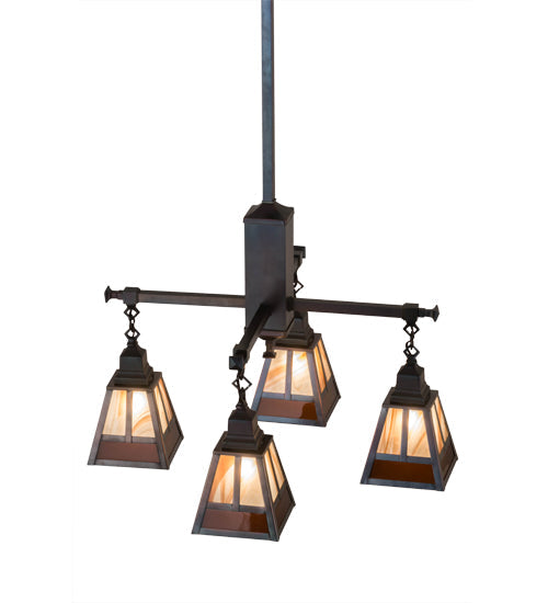 Meyda Lighting "T Mission" 26" 4-Light Chemical Antique Brass Chandelier With Amber & Beige Shade Glass