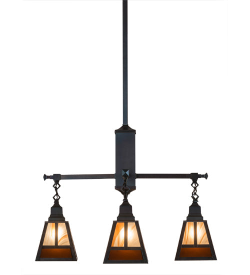 Meyda Lighting "T Mission" 26" 4-Light Chemical Antique Brass Chandelier With Amber & Beige Shade Glass