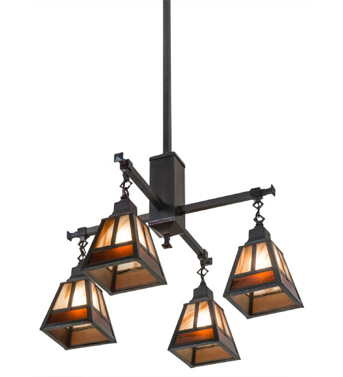 Meyda Lighting "T Mission" 26" 4-Light Chemical Antique Brass Chandelier With Amber & Beige Shade Glass