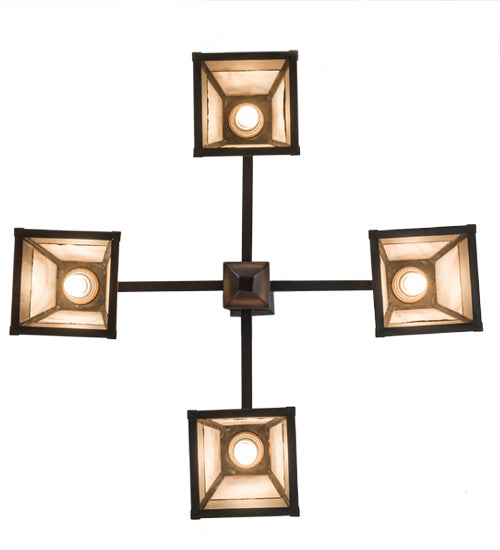 Meyda Lighting "T Mission" 26" 4-Light Chemical Antique Brass Chandelier With Amber & Beige Shade Glass